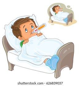 Vector illustration of a sick little boy lies in bed with a thermometer. Print