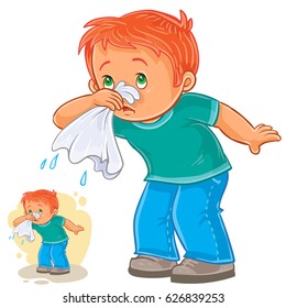 Vector illustration of a sick little boy blowing his nose in a handkerchief, respiratory allergy. Print