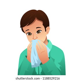 A vector illustration of Sick Man Blowing His Nose on a Tissue