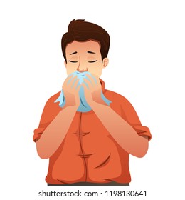 A vector illustration of Sick Man Blowing His Nose on a Tissue