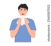 Vector illustration of sick man with cold, congestion and sneezing. Sneeze etiquette gesture using handkerchief to cover mouth.