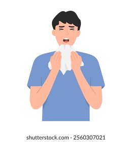 Vector illustration of sick man with cold, congestion and sneezing. Sneeze etiquette gesture using handkerchief to cover mouth.