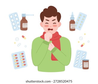 Ilustración vectorial de un hombre enfermo rodeado de píldoras, cápsulas y botellas de medicamentos. Concepto de atención médica, síntomas del resfriado, tratamiento, medicamentos y atención para pacientes con gripe estacional.