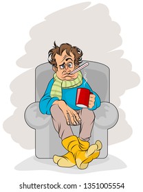 Vector illustration of a sick man with a thermometer