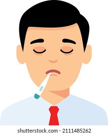 Ilustración vectorial de un enfermo con termómetro     