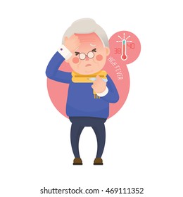 Vector Illustration of Sick Old Man Suffering from a Fever and Checking His Temperature on a Thermometer while Clutching at His Forehead. Cartoon Character.

