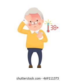 Vector Illustration of Sick Old Man Suffering from a Fever and Checking His Temperature on a Thermometer while Clutching at His Forehead. Cartoon Character.
