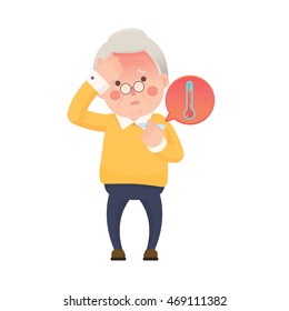 Vector Illustration of Sick Old Man Suffering from a Fever and Checking His Temperature on a Thermometer while Clutching at His Forehead. Cartoon Character.

