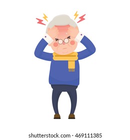 Vector Illustration of Sick Old Man Suffering from a Headache and High Temperature Holding Head in Hands. Cartoon Character.
