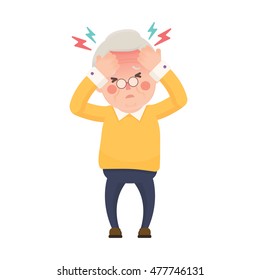 Vector Illustration of Sick Old Man Suffering from a Headache and High Temperature Holding Head in Hands. Cartoon Character.
