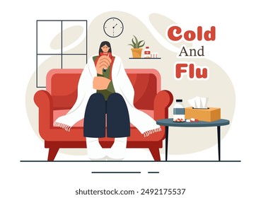 Vector Illustration of Sick People with Flu and Cold Wearing Thick Clothes, Hand Drawn in a Flat Cartoon Style for Healthcare Purposes on a Background