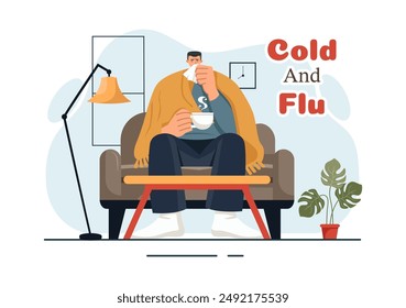 Vector Illustration of Sick People with Flu and Cold Wearing Thick Clothes, Hand Drawn in a Flat Cartoon Style for Healthcare Purposes on a Background