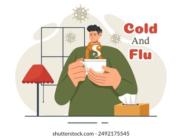 Vector Illustration of Sick People with Flu and Cold Wearing Thick Clothes, Hand Drawn in a Flat Cartoon Style for Healthcare Purposes on a Background