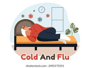 Vector Illustration of Sick People with Flu and Cold Wearing Thick Clothes, Hand Drawn in a Flat Cartoon Style for Healthcare Purposes on a Background