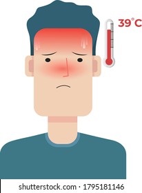 Vector illustration of a sick person with high fever, cough, and sore throat. Good for health poster, presentation, etc