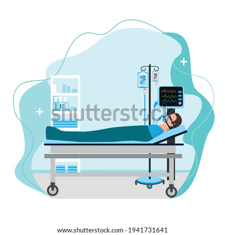 Vector illustration of a sick person lies in intensive care with a dropper and is connected to an artificial respiration apparatus. Thanks to doctors for saving lives