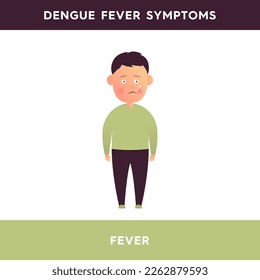 Vector illustration of a sick person suffering from dengue fever. A man with a high temperature holds a thermometer in his mouth. Dengue fever symptoms. Illustrations for medical articles, posters. 