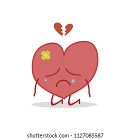 Vector illustration of a sick and sad heart in cartoon style.