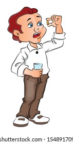 Vector illustration of sick and scared man taking a pill.