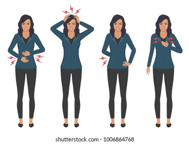  vector illustration of a sick woman with ache problems, head chest back and stomach pain  