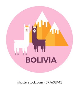 Vector illustration sickers or label of Bolivia with mountains and lamas. Flat design style.