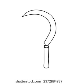 vector illustration the sickle is shown from a side view, with the blade facing left. The blade is curved and has a sharp edge. The handle is long and straight, and it is made of wood.