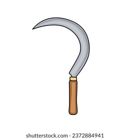 vector illustration the sickle is shown from a side view, with the blade facing left. The blade is curved and has a sharp edge. The handle is long and straight, and it is made of wood.