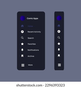 Vector Illustration side bar interface menu for comics app. Dashboard menu side bar.