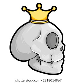 Vector illustration of a side profile human skull wearing a simple golden royal crown. Clean cartoon style icon with bold outlines, isolated on background.