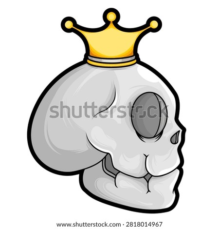 Vector illustration of a side profile human skull wearing a simple golden royal crown. Clean cartoon style icon with bold outlines, isolated on background.