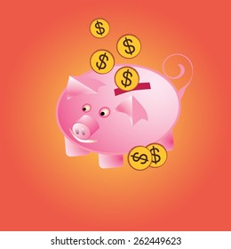 Vector illustration side profile silhouette of pink happy funny glowing piggy bank with gold, golden dollars coins isolated on red background. Wealth, savings symbol, retirements, pension fund concept