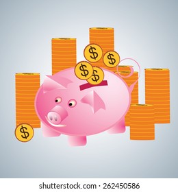 Vector illustration side profile silhouette of pink happy funny piggy bank with gold, golden dollars coins isolated on blue grey background. Wealth, savings symbol, retirements, pension fund concept