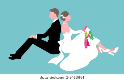 Vector illustration of a side view of the bride and groom sitting back to back