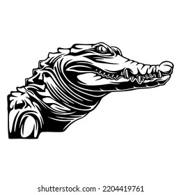 vector illustration Side view of crocodile with sharp teeth and eyes stalking its prey black and white design