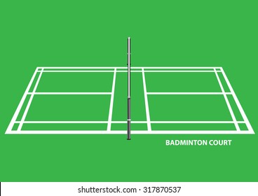 Vector illustration of the side view of an empty badminton court with net in the middle.