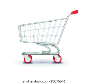 Vector illustration of side view empty supermarket shopping cart isolated on white background.