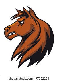 Vector illustration of the side view of a fierce looking brown stallion horse with a flowing mane baring his teeth