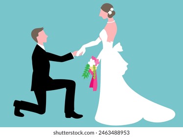 Vector illustration of a side view of a groom kneeling down and taking his bride's hand