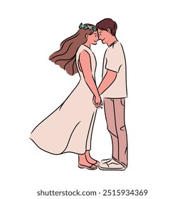 Una Ilustración vectorial de la vista lateral de una pareja feliz tomados de la mano mientras se enfrentan