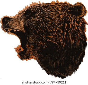 Vector illustration of side view roaring brown bear silhouette in colours.