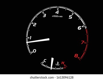 Vector illustration of side view of simple tachometer,  RPM gauge, displaying under 1000 RPM. Close up of modern illuminated vehicle dashboard panel with temperature indicator. Car detailing.