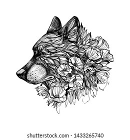 Vector illustration of a side view of a wolf head.Flowers and wolf's head. Wolf nature illustration t-shirt print graphic design.