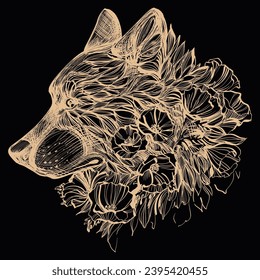Vector illustration of a side view of a wolf head.Flowers and wolf's head. Wolf nature illustration t-shirt print graphic design. - Vector