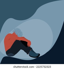 Ilustración vectorial de la vista lateral del joven abraza su rodilla y boca abajo. Hombre solitario que sufre de depresión sentado bajo una ola oscura sobre fondo azul Psicología, infeliz, depresión, mal humor, estrés.