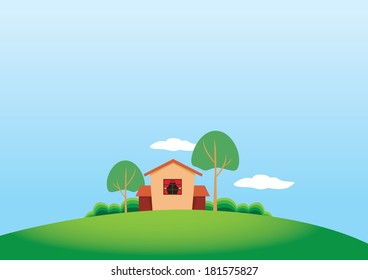 Vector illustration of the side-view of a cute house and trees in a quiet nature setting. 