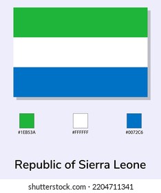 Vector Illustration of Sierra Leone flag isolated on light blue background. Illustration Sierra Leone flag with Color Codes. As close as possible to the original. ready to use, easy to edit. 
