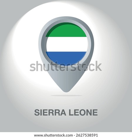 Vector illustration of the Sierra Leone flag inside the pin icon on the map. A symbolic location marker with the national colors of Sierra Leone on a white background.