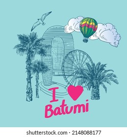 Vector illustration of the sights of Georgia, the city of Batumi. Palm trees, lighthouse, Ferris wheel, balloon