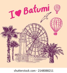 Vector illustration of the sights of Georgia, the city of Batumi. Palm trees, lighthouse, Ferris wheel, balloon