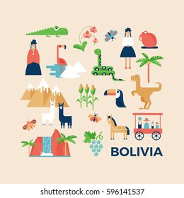 Vector illustration sightseeings of Bolivia with nature, animals and people in traditional clothes. Flat design style. Poster or greeting card